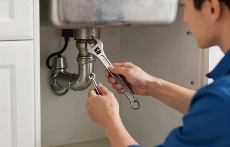 A professional plumber in a clean uniform using a wrench to repair a silver pipe under a modern kitchen sink in a North American home. Bright, natural lighting, focus on tools and hands, conveying expertise.
