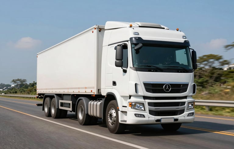 A modern white heavy-duty truck driving on a well-maintained Brazilian highway under clear daylight. The photography is sharp, capturing the movement and the professional quality of the fleet. Colors are natural with blue sky.