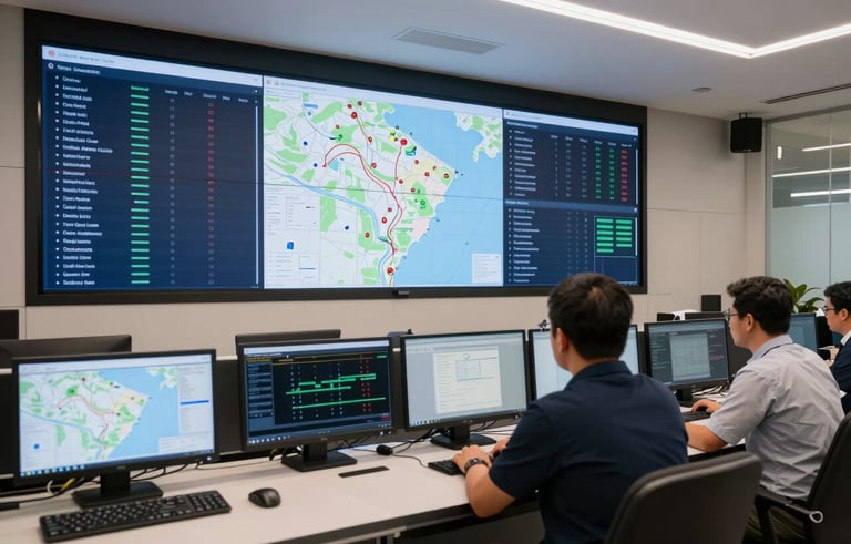 A professional South American logistics control room in Brazil. Operators are monitoring large digital screens showing maps and logistics data. The lighting is clean and modern with navy blue and off white accents, reflecting a reliable tech-forward atmosphere.
