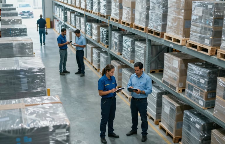 A high-angle interior shot of a clean, large warehouse in Brazil. Workers in professional attire are using tablets to manage inventory. The composition is modern with light blue and grey tones, emphasizing efficiency.