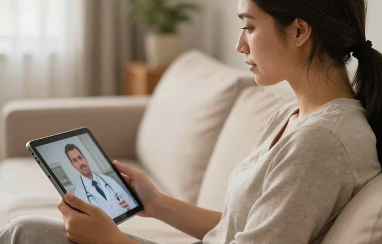 A patient in a comfortable Brazilian living room setting, holding a tablet and talking calmly to a specialist doctor on screen, warm natural light, feeling of relief.