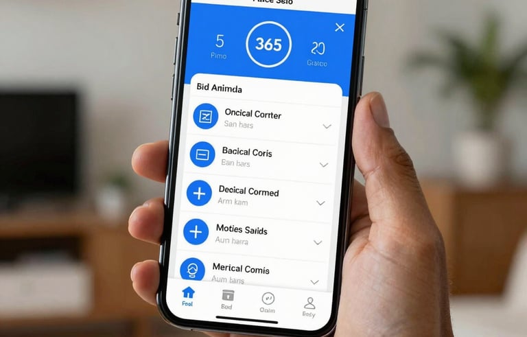 Close up of a hand holding a modern smartphone in a South American / Brazilian home showing a clean medical dashboard app with professional blue and white interface.