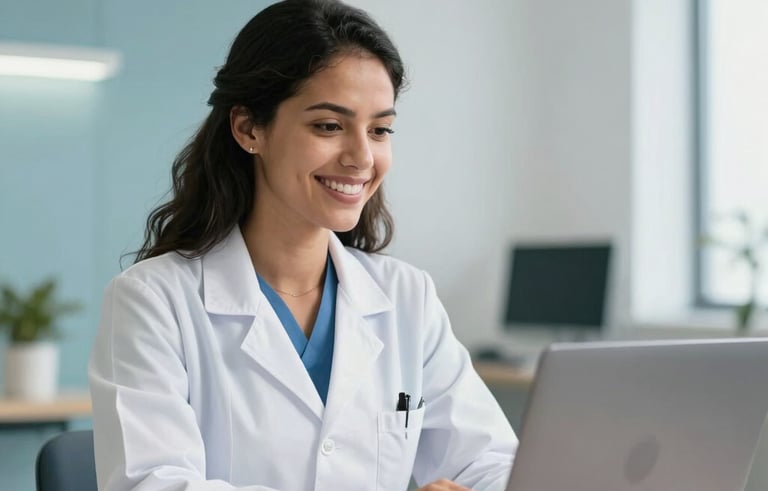 A professional South American / Brazilian female doctor smiling while looking at her laptop during a teleconsultation in a modern, bright office with soft blue accents and clean white walls.