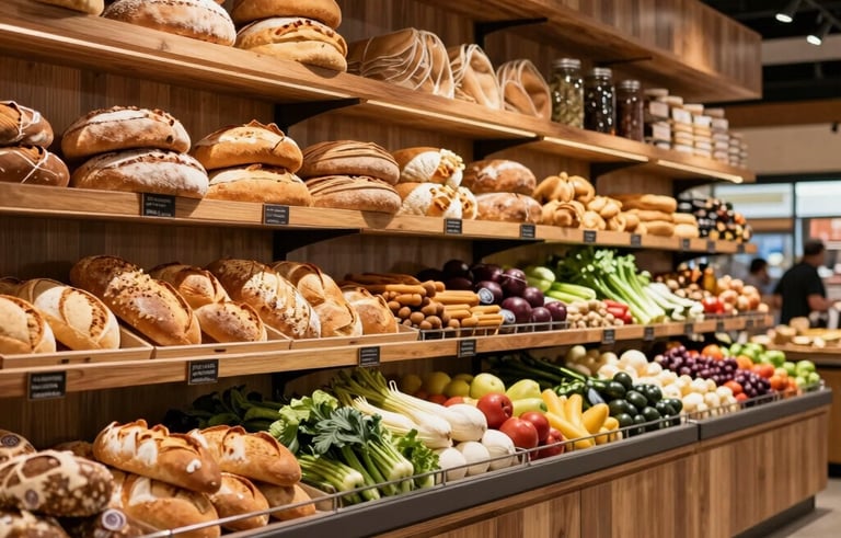 Interior of a modern South American food market with warm wooden shelves, high-end design, artisanal breads and vegetables displayed, soft commercial lighting, authentic and professional vibe.