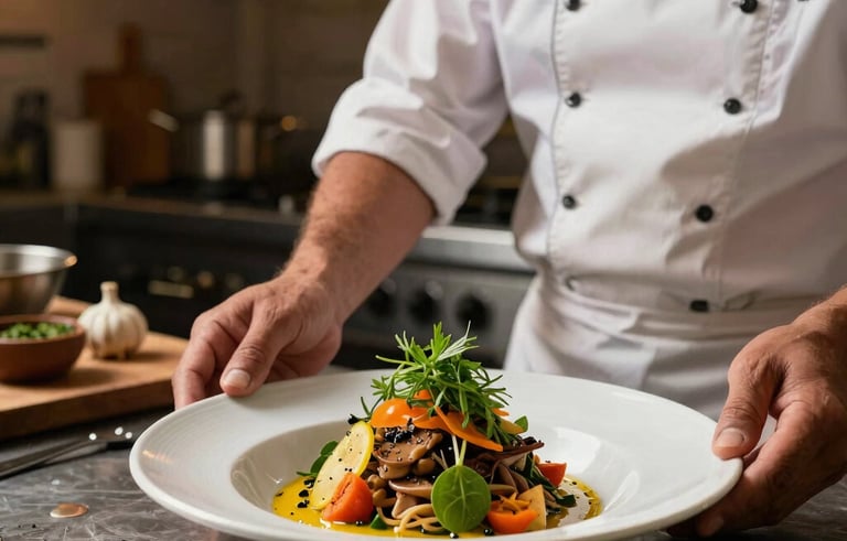 Professional food styling session in a South American Brazilian kitchen, a chef plating a colorful dish with fresh herbs, high-end photography lighting, rustic yet sleek environment.