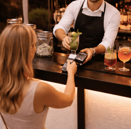 Guest making a card payment at a mobile cash bar operated by Shaken Events.