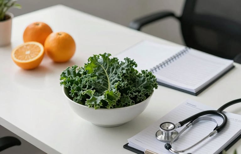 A high-end, clean nutritionist desk in a South American / Brazilian office. On the white surface, there is a fresh bowl of dark green kale and citrus fruits, a professional planner, and a stethoscope. Natural soft morning light illuminates the scene, conveying a sense of trustworthiness and professionalism. The color palette features white and soft green tones.