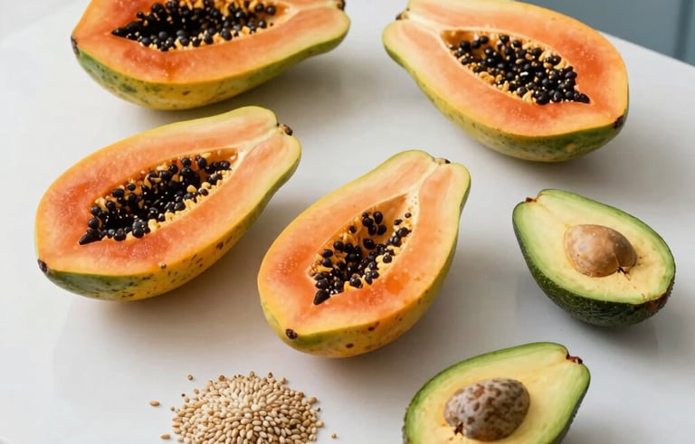 Professional high-angle photography of colorful Brazilian superfoods, like papaya, avocado, and grains, arranged on a bright, clean kitchen surface. The lighting is airy and natural, emphasizing freshness and health. Minimalist South American style with white and soft blue gray accents.