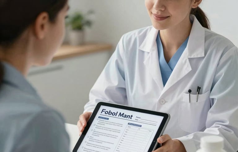 A close-up photograph of a nutritionist and a patient having a warm, empathetic conversation in a modern South American clinic. The professional is showing a personalized meal plan on a tablet. The scene is lit with warm, soft light, highlighting a supportive and caring relationship. Palette of light blue gray and white.