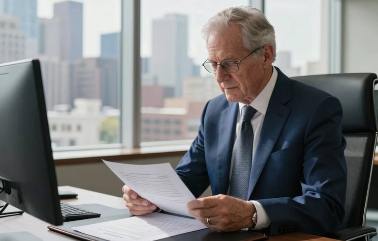 A professional wide-angle photograph of a senior attorney in a sharp navy blue suit reviewing complex contracts in a modern, sunlit North American office with a view of a city skyline. The desk is organized with a leather blotter and a gold pen.