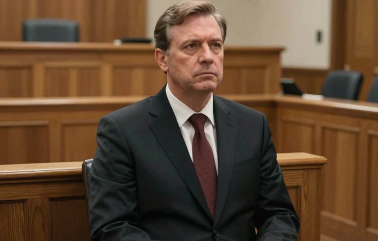 An authoritative photograph taken in a traditional North American courtroom setting. A wooden judge's bench and jury box are visible in the background with soft, respectful lighting creating a sense of gravity.