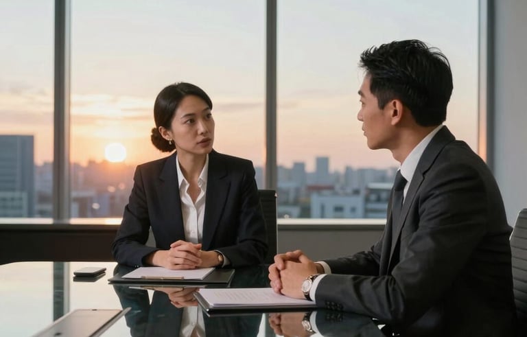A high-end, modern North American boardroom. Two professionals in elegant business attire are engaged in a collaborative discussion over a glass table with a view of a tranquil cityscape at sunset.
