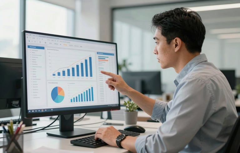 A professional North American marketing expert in a bright, modern office reviewing analytical data charts on a high-resolution monitor, emphasizing business growth and precision, clean professional atmosphere.