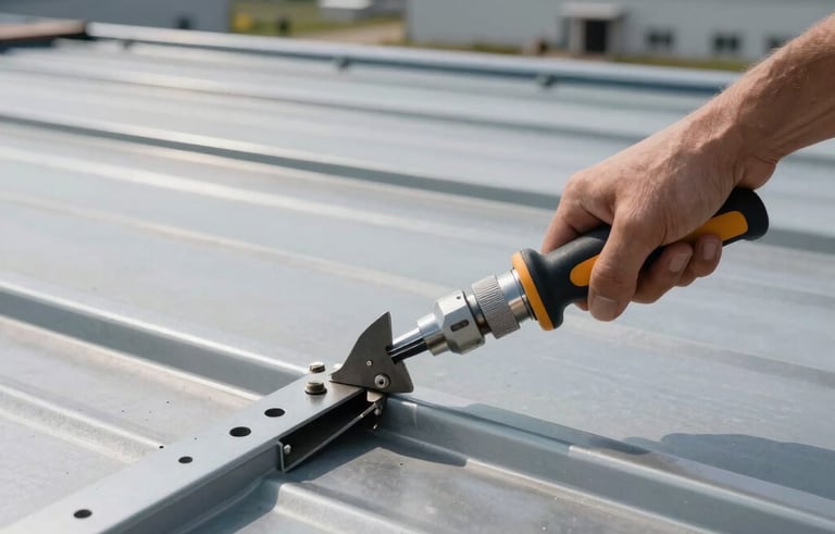 A close-up photograph of specialized tools being used to repair a metal commercial roof after a storm in a North American industrial park, focusing on precision and strength.