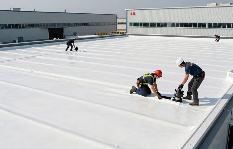 Wide-angle photography of a professional roofing crew installing white TPO membrane on a large industrial flat roof of a North American warehouse, bright daylight, clean and modern industrial setting.