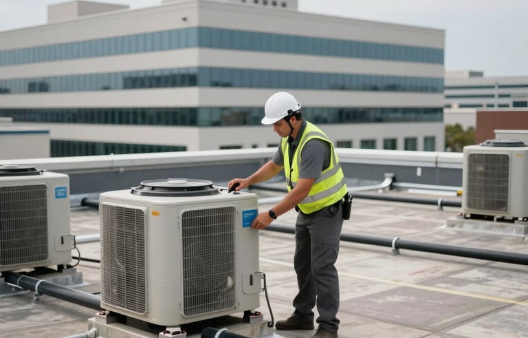 Professional commercial roofing contractor inspecting a rooftop HVAC unit and drainage system on a large North American office complex, industrial expertise style, overcast soft lighting.