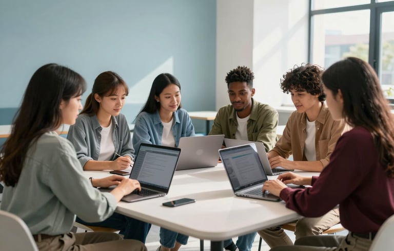 A group of diverse university students in a bright, modern North American campus lounge, collaborating around a sleek white table with laptops. The setting is tech-forward and friendly, with soft light blue accents on the walls and natural sunlight.