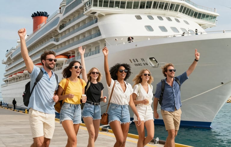 A cheerful family boarding a cruise ship under a bright Caribbean sky