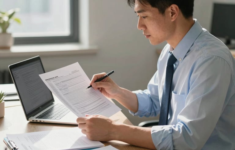 A professional North American / US accountant sitting in a modern, sunlit office, reviewing tax documents with a laptop and organized folders, symbolizing clarity and expertise.
