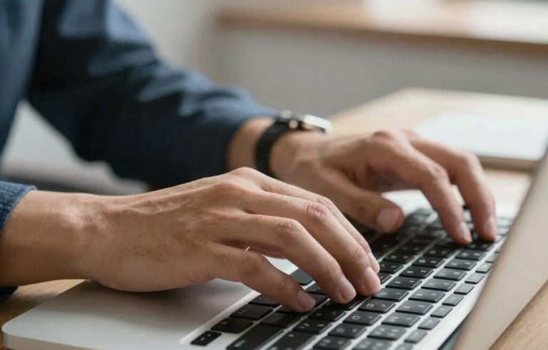Close-up of a North American / US professional's hands typing at a sleek laptop in a bright office environment, signifying efficient and reliable payroll management.
