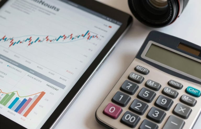Clean North American / US desk setting with a tablet showing financial growth charts and a professional calculator, representing precise bookkeeping and modern accounting.