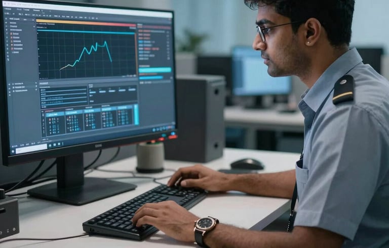 Close-up of a high-tech workstation in a sleek office in India, focusing on professional software tools for policy enforcement, soft blue ambient lighting, clean and professional atmosphere.
