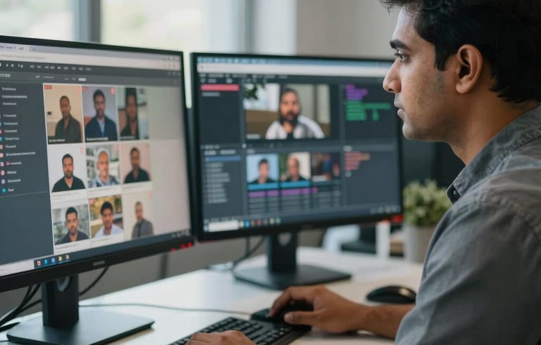 A professional South Asian / Indian content moderator working in a modern office, focused on high-end computer monitors displaying blurred social media feeds, soft morning light coming through office windows, cinematic and professional photography.