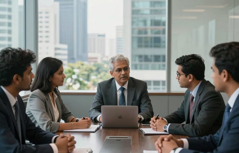A professional South Asian / Indian team discussing digital security strategies in a sleek, glass-walled corporate boardroom in a modern city like Bangalore, daylight, business professional attire.