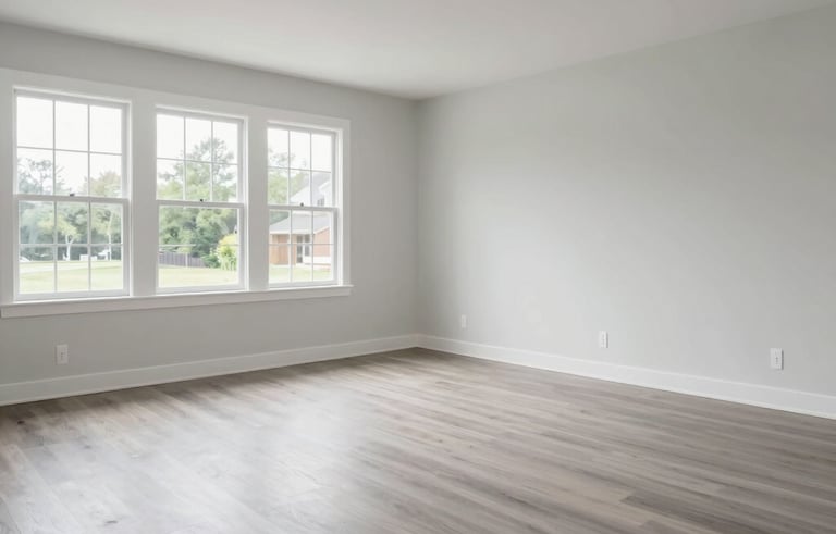 Interior of a modern suburban Virginia home, bright natural light, minimalist furniture, perfectly clean light gray hardwood floors, wide angle, professional photography, high-end residential atmosphere.