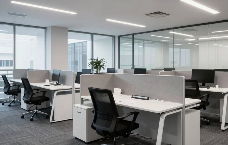 Professional office environment in Virginia, sleek glass partitions, minimalist desks, charcoal gray carpet, impeccably clean and organized, bright cool lighting, modern commercial photography.