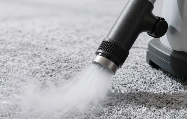 Close-up of a professional steam cleaning machine nozzle working on a textured light silver gray carpet, water vapor visible, deep clean action, bright daylight, photography in Virginia.