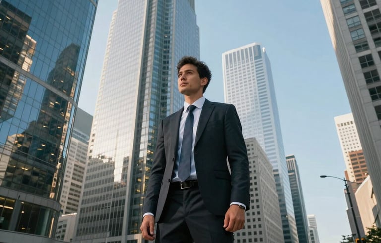 A professional wide-angle shot of an ambitious individual in business attire standing in a bustling global financial district with skyscrapers and glass buildings. Clear blue sky. International English / Global context. Professional and modern atmosphere.