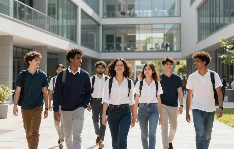 A bright, high-key photograph of a diverse group of young adults walking through a modern university campus courtyard. The architecture is contemporary with glass and steel, and the lighting is crisp morning sun. International English / Global context. Elements of brand navy and white in their attire.