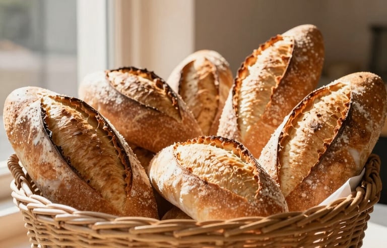 A close-up photograph of a variety of freshly baked Brazilian French breads and artisan rolls in a rustic wicker basket. Warm morning sunlight filters through a window, highlighting the golden crust. The setting is a clean, modern South American bakery with a Cream colored wall in the background.