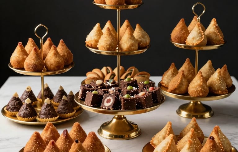 A sophisticated spread of Brazilian party snacks, including coxinha, kibe, and empadinhas, arranged on elegant tiered Gold platters. The composition is clean and modern, suitable for a professional catering presentation in a South American corporate setting.