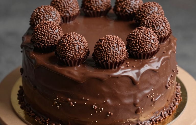 An elegant chocolate cake with gourmet brigadeiros on top, displayed on a Tan colored pedestal. The photography is professional with a shallow depth of field, focusing on the texture of the chocolate and the Muted Brown tones of the sprinkles. South American style.