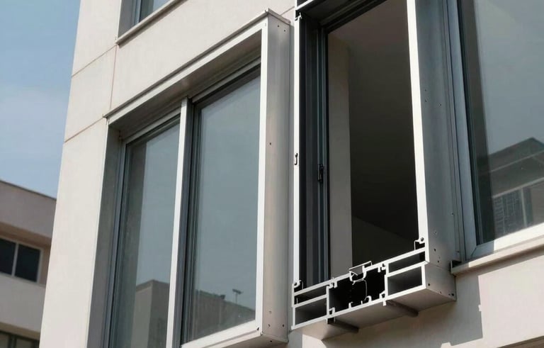 Architectural photography of high-quality aluminum window frames installed in a modern building facade. The composition highlights the clean lines and metallic finish under the clear sky of a Hispanic / Latin American urban area.
