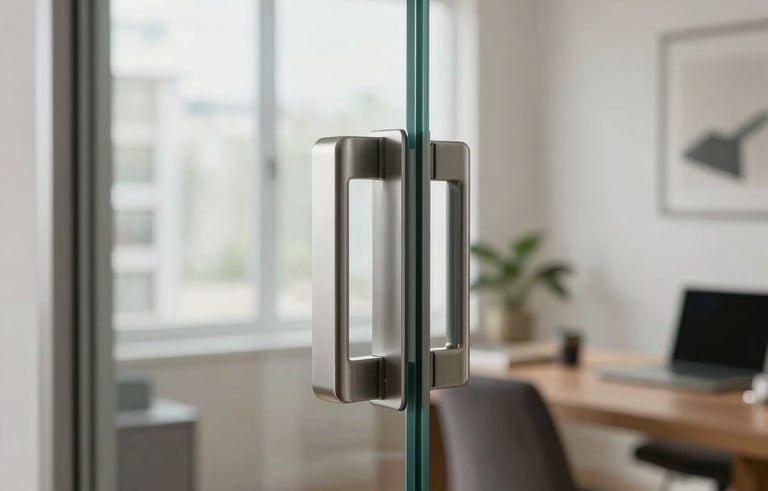 Close-up photography of a modern tempered glass sliding door with minimalist stainless steel hardware. The setting is a bright, contemporary Hispanic / Latin American home office with soft natural light reflecting off the clean glass surface.