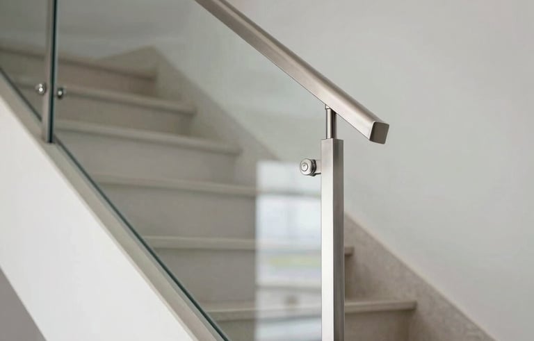 Sleek stainless steel and glass railing installed on a modern indoor staircase. Professional photography showing the precision of the joints and the polished steel surface in a luxury Hispanic / Latin American residential interior.