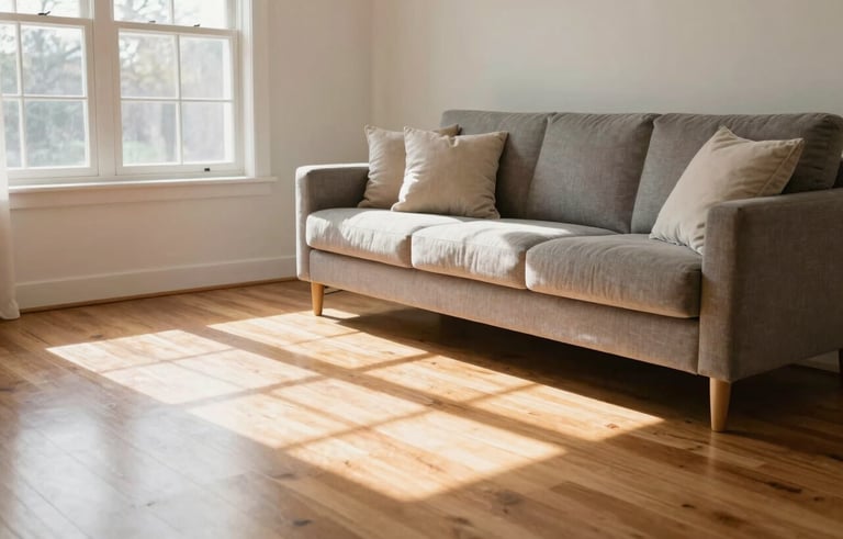 A bright and airy North American living room after a professional cleaning, featuring sunlight streaming onto polished hardwood floors, perfectly fluffed cushions on a modern sofa, and a clean, clutter-free environment.