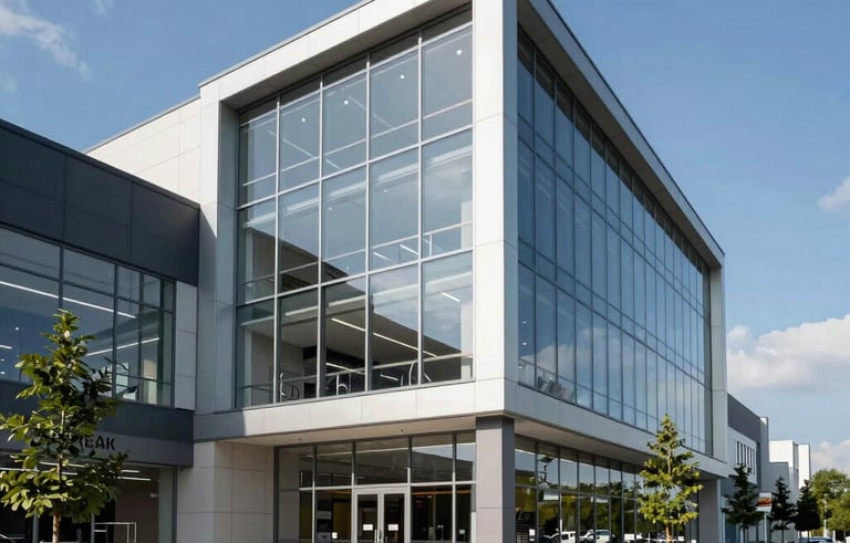 Commercial photography of a modern Slovak retail and business park with clean glass architecture, steel blue sky, and a professional atmosphere in daylight, Central European setting.
