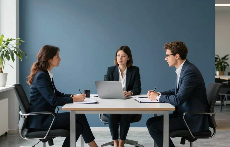 High-end business consulting setting in Bratislava, a minimalist office with muted blue and silver accents, professional atmosphere with natural lighting, Central European decor.