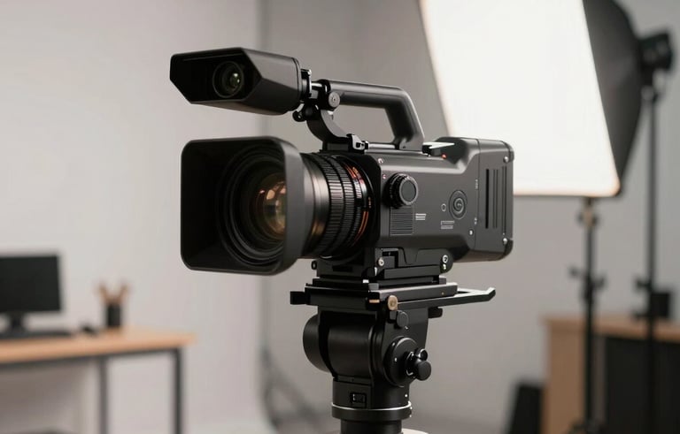 A professional creative studio with high-quality audio and video production equipment, soft artistic lighting, and a clean environment suggesting innovation in a Slovak context.