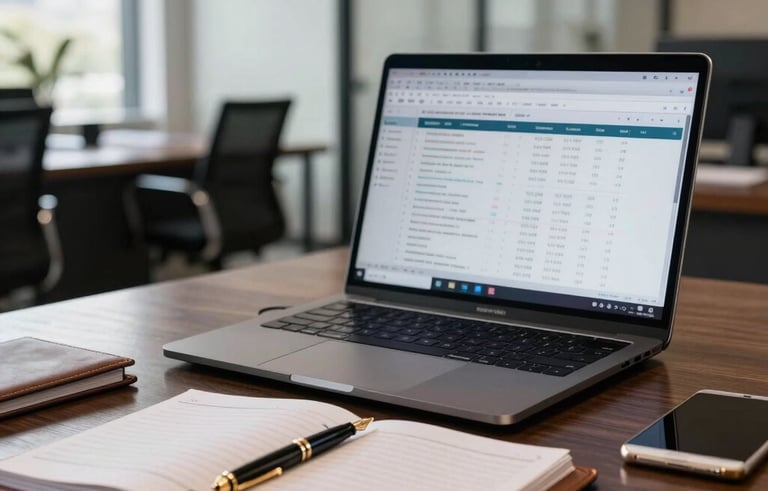 A professional accounting workspace in a modern Costa Rican office. On a dark wooden desk, there is a sleek laptop showing financial spreadsheets, a leather-bound planner, and a classic gold fountain pen. The lighting is bright and airy, reflecting a high-end corporate environment.