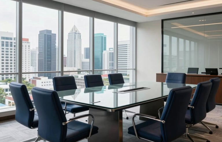 A wide-angle, professional photograph of a luxury corporate boardroom in San José, Costa Rica. Elegant navy blue chairs surround a polished glass table, with floor-to-ceiling windows showing a modern city skyline. The style is premium, clean, and sophisticated.