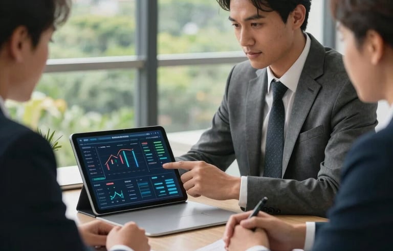A professional consultant in business attire having a meeting in a bright, modern office with a view of Central American greenery. They are pointing at a digital financial dashboard on a tablet. The atmosphere is professional, trusting, and collaborative.