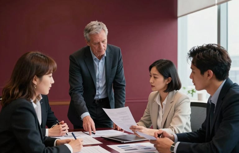 A professional North American creative team in a high-end office with deep ripe crimson and crisp parchment decor, brainstorming over marketing materials, soft cinematic lighting, sophisticated and strategic mood.