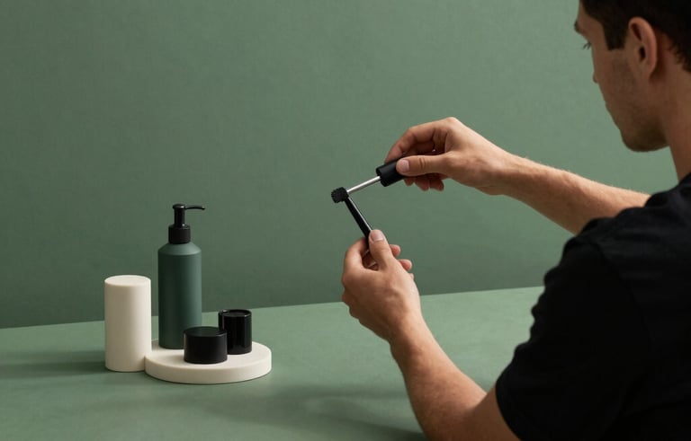 A modern content studio in North America with matte forest green backdrops, where a creative professional is styling a minimalist product shot with elegant props.