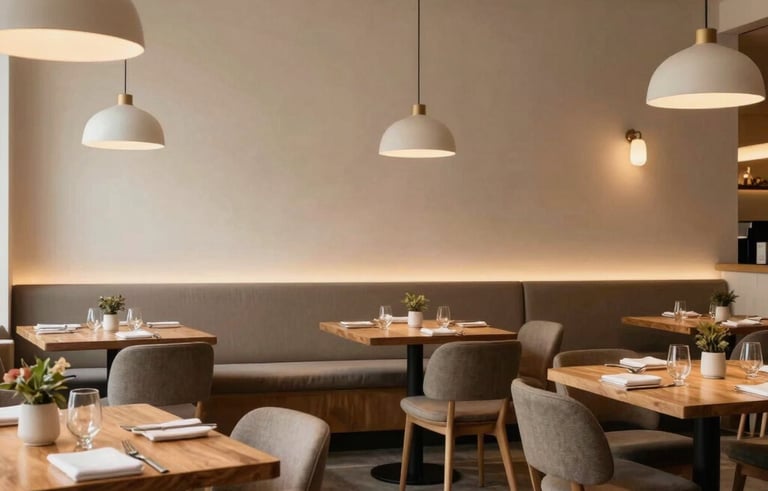 A wide shot of a sophisticated, cozy restaurant interior in North America, featuring scandinavian design elements, warm wooden tables, and crisp parchment colored walls.
