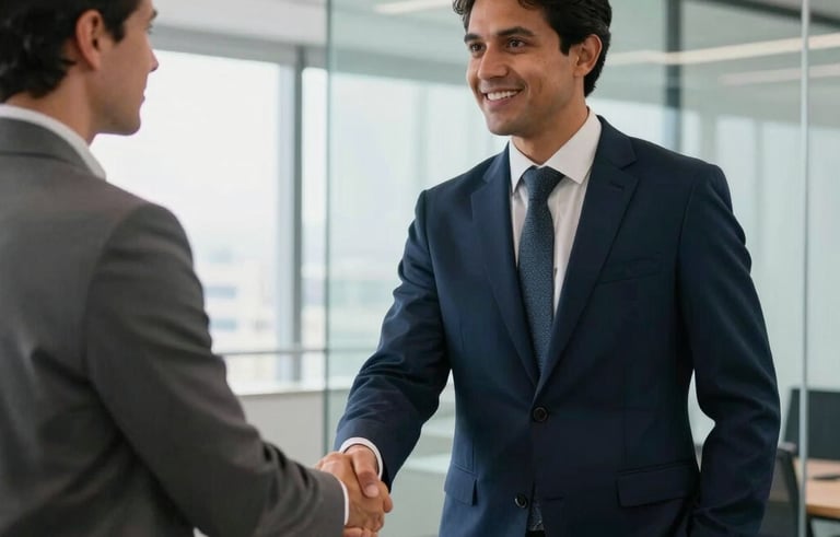 A professional South American / Brazilian consultant in a sharp navy suit shaking hands with a client in a modern, glass-walled office filled with natural light and white accents.